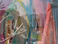 a painting of a white house with a colorful background